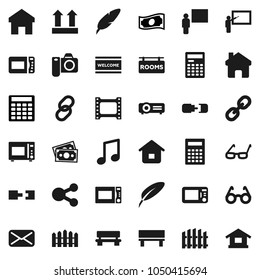 Flat vector icon set - welcome mat vector, microwave oven, pen, blackboard, glasses, calculator, music, cash, money, top sign, film frame, link, mail, share, home, bench, connection, fence, camera