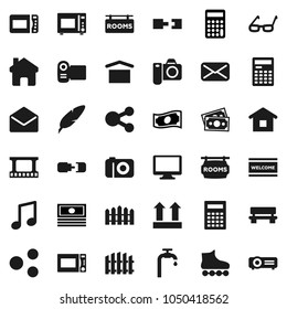 Flat vector icon set - welcome mat vector, microwave oven, pen, glasses, calculator, music, cash, roller Skates, money, dry cargo, top sign, film frame, monitor, mail, share, home, bench, connection