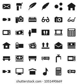 Flat vector icon set - welcome mat vector, microwave oven, pen, blackboard, glasses, music, cash, calculator, money, dry cargo, top sign, film frame, monitor, mail, share, home, bench, connection