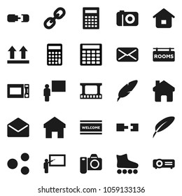 Flat vector icon set - welcome mat vector, microwave oven, pen, blackboard, calculator, roller Skates, top sign, film frame, link, mail, share, home, connection, rooms signboard, camera, projector