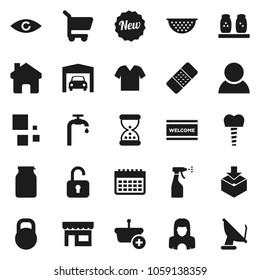 Flat vector icon set - welcome mat vector, sprayer, cleaner woman, colander, spices, jar, calendar, package, weight, eye, sand clock, patch, tooth implant, home, loading, water supply, garage, new