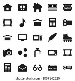 Flat vector icon set - welcome mat vector, pen, glasses, calculator, music, cash, roller Skates, dry cargo, film frame, monitor, mail, share, home, water supply, rooms signboard, microwave oven
