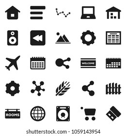 Flat vector icon set - welcome mat vector, notebook pc, schedule, constellation, molecule, calendar, cereals, plane, warehouse, social media, speaker, backward button, gear, menu, globe, mountain