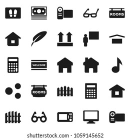 Flat vector icon set - welcome mat vector, pen, blackboard, glasses, calculator, music, money, dry cargo, top sign, monitor, share, home, fence, rooms signboard, microwave oven, video camera
