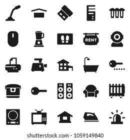 Flat vector icon set - welcome mat vector, iron, dry cargo, cottage, rent signboard, key, bath, cushioned furniture, tv, password, meat grinder, multi cooker, blender, kitchen scales, speaker, mouse