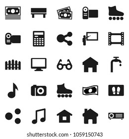 Flat vector icon set - welcome mat vector, blackboard, glasses, calculator, music, cash, roller Skates, money, film frame, monitor, share, home, bench, water supply, fence, camera, video, projector