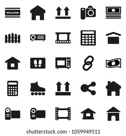 Flat vector icon set - welcome mat vector, microwave oven, cash, calculator, roller Skates, dry cargo, top sign, film frame, link, share, home, fence, camera, video, projector