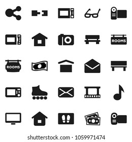 Flat vector icon set - welcome mat vector, microwave oven, glasses, music, cash, roller Skates, money, dry cargo, film frame, monitor, mail, share, bench, connection, rooms signboard, home, camera
