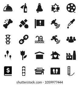 Flat vector icon set - welcome mat vector, dish, bell, annual report, pool, attention, satellite, traffic light, dry cargo, tulip, film spool, satellitie, link, group, dropper, broken bone, potion