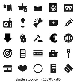 Flat vector icon set - welcome mat vector, drying clothes, world, arrow down, euro sign, punching bag, first aid kit, hoop, music hit, radio, heart, battery, doctor, syringe, crutches, broken bone
