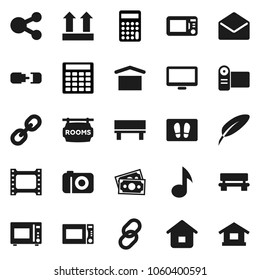 Flat vector icon set - welcome mat vector, microwave oven, pen, music, calculator, money, dry cargo, top sign, film frame, monitor, link, mail, share, bench, connection, rooms signboard, home, video