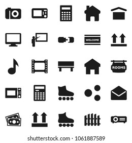 Flat vector icon set - welcome mat vector, microwave oven, blackboard, calculator, music, roller Skates, money, dry cargo, top sign, film frame, monitor, mail, share, home, bench, connection, fence