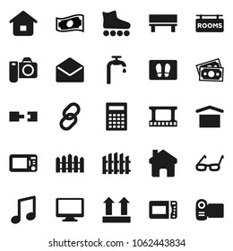 Flat vector icon set - welcome mat vector, glasses, calculator, music, cash, roller Skates, money, dry cargo, top sign, film frame, monitor, link, mail, home, bench, connection, water supply, fence