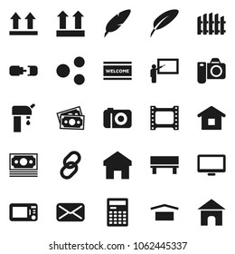 Flat vector icon set - welcome mat vector, pen, blackboard, calculator, money, dry cargo, top sign, film frame, monitor, link, mail, share, home, bench, connection, water supply, fence, camera