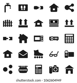 Flat vector icon set - welcome mat vector, microwave oven, glasses, calculator, cash, roller Skates, top sign, mail, share, home, connection, water supply, fence, rooms signboard, camera, video
