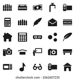 Flat vector icon set - welcome mat vector, pen, blackboard, glasses, music, cash, calculator, dry cargo, mail, share, home, bench, water supply, fence, rooms signboard, microwave oven, camera, video