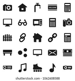 Flat vector icon set - welcome mat vector, microwave oven, glasses, calculator, music, cash, roller Skates, monitor, link, mail, share, home, bench, water supply, fence, camera, projector
