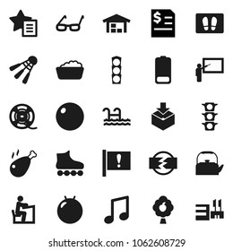 Flat vector icon set - welcome mat vector, foam basin, kettle, chicken leg, blackboard, glasses, student, music, annual report, fitball, roller Skates, shuttlecock, attention, traffic light, package