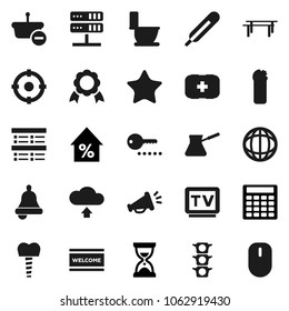 Flat Vector Icon Set - Welcome Mat Vector, Toilet, Cleaning Agent, Turk Coffee, Bell, Medal, World, Exam, Percent Growth, Calculator, Sand Clock, Horizontal Bar, First Aid Kit, Traffic Light, Tv