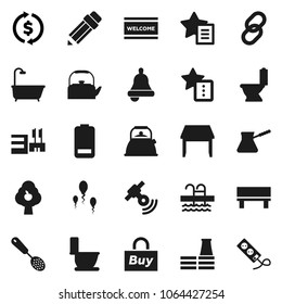 Flat vector icon set - welcome mat vector, toilet, kettle, skimmer, turk coffee, pencil, bell, exchange, pool, satellitie, link, battery, sperm, favorites, bench, fruit tree, table, bath, factory