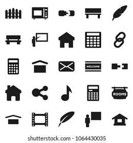 Flat vector icon set - welcome mat vector, microwave oven, pen, blackboard, calculator, musi, film frame, link, mail, share, home, bench, connection, fence, rooms signboard