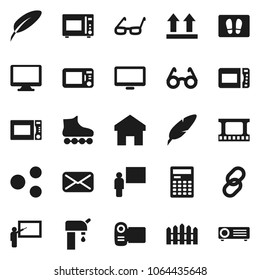 Flat vector icon set - welcome mat vector, microwave oven, pen, blackboard, glasses, calculator, roller Skates, top sign, film frame, monitor, link, mail, share, home, water supply, fence, projector