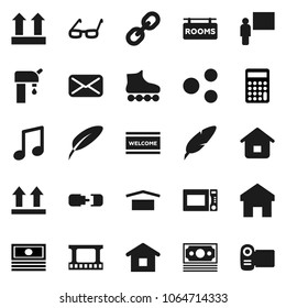Flat vector icon set - welcome mat vector, microwave oven, pen, blackboard, glasses, music, cash, calculator, roller Skates, money, dry cargo, top sign, film frame, link, mail, share, home