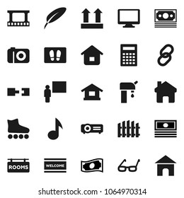 Flat vector icon set - welcome mat vector, pen, blackboard, glasses, calculator, music, cash, roller Skates, money, top sign, film frame, monitor, link, home, connection, water supply, fence, camera