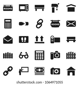 Flat vector icon set - welcome mat vector, microwave oven, blackboard, glasses, calculator, money, dry cargo, top sign, link, mail, bench, connection, water supply, fence, rooms signboard, camera