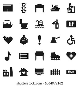 Flat vector icon set - welcome mat vector, toilet, kettle, turk coffee, student, music, shorts, roller Skates, pool, attention, traffic light, ship, truck trailer, wood box, package, disabled, barn