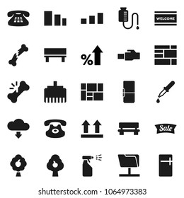 Flat vector icon set - welcome mat vector, sprayer, percent growth, consolidated cargo, top sign, sorting, classic phone, dropper, broken bone, drop counter, network folder, lan connector, bench