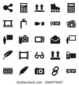 Flat vector icon set - welcome mat vector, pen, blackboard, glasses, calculator, roller Skates, money, top sign, film frame, link, mail, share, connection, water supply, microwave oven, camera