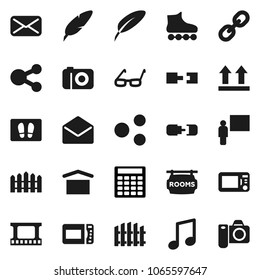 Flat vector icon set - welcome mat vector, pen, blackboard, glasses, music, calculator, roller Skates, dry cargo, top sign, film frame, link, mail, share, connection, fence, rooms signboard, camera