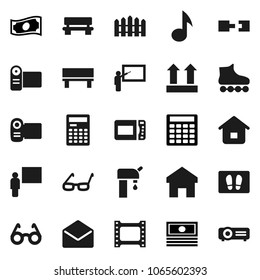 Flat vector icon set - welcome mat vector, blackboard, glasses, calculator, music, cash, roller Skates, top sign, film frame, mail, home, bench, connection, water supply, fence, microwave oven
