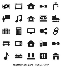 Flat vector icon set - welcome mat vector, blackboard, calculator, music, cash, roller Skates, money, top sign, film frame, monitor, link, share, bench, connection, water supply, fence, home