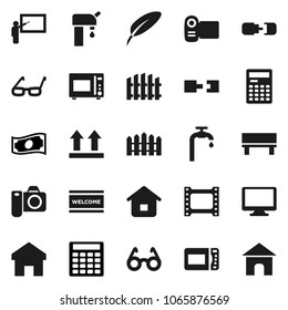 Flat vector icon set - welcome mat vector, microwave oven, pen, blackboard, glasses, calculator, cash, top sign, film frame, monitor, home, bench, connection, water supply, fence, camera, video