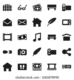 Flat vector icon set - welcome mat vector, pen, glasses, music, cash, money, dry cargo, film frame, mail, share, home, bench, connection, fence, microwave oven, camera, video, projector
