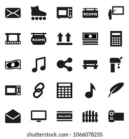 Flat vector icon set - welcome mat vector, microwave oven, pen, blackboard, calculator, music, cash, roller Skates, top sign, film frame, monitor, link, mail, share, bench, water supply, fence