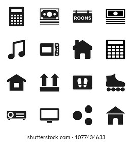 Flat vector icon set - welcome mat vector, calculator, music, cash, roller Skates, money, top sign, monitor, share, home, rooms signboard, microwave oven, projector