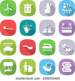 flat vector icon set - windmill vector, bin, cleanser, filter, tooth brush, wiping, clean floor, skysrcapers cleaning, car wash, hand dryer, garbage, washing, towel