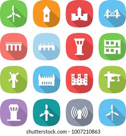 flat vector icon set - windmill vector, tower, castle, bridge, airport, modular house, gothic architecture, palace, crane, antenna