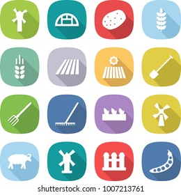 flat vector icon set - windmill vector, greenhouse, potato, spike, field, shovel, fork, rake, seedling, sheep, grain elevator, peas