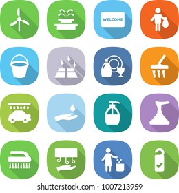 Flat Vector Icon Set - Windmill Vector, Fountain, Welcome Mat, Trash, Bucket, Clean Floor, Dish Cleanser, Vacuum Cleaner, Car Wash, Hand And Drop, Liquid Soap, Plunger, Brush, Dryer, Garbage Bin