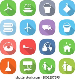 flat vector icon set - windmill vector, fountain, bucket, rag, towel, sweeper, soap, tooth brush, dish cleanser, house cleaning, plunger, hand dryer, toilet, garbage bin