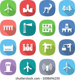flat vector icon set - windmill vector, castle, greate wall, bridge, lighthouse, modular house, fort, gothic architecture, palace, tower crane, loading, airport, antenna