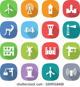 flat vector icon set - windmill vector, antenna, tower, castle, greate wall, bridge, airport, lighthouse, modular house, palace, crane, loading