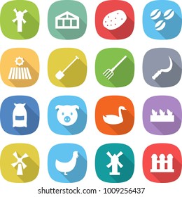 flat vector icon set - windmill vector, greenhouse, potato, coffee seeds, field, shovel, fork, sickle, flour, pig, goose, seedling, chicken, grain elevator