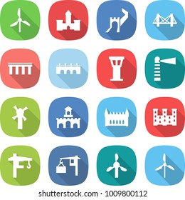 flat vector icon set - windmill vector, castle, greate wall, bridge, airport tower, lighthouse, fort, gothic architecture, palace, crane, loading
