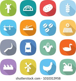 flat vector icon set - windmill vector, greenhouse, potato, spike, plow, soil cutter, coffee seeds, field, sickle, flour, corn, goose, seedling, chicken, harvester