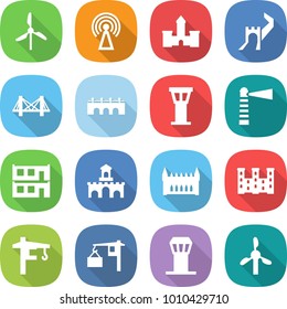 flat vector icon set - windmill vector, antenna, castle, greate wall, bridge, airport tower, lighthouse, modular house, fort, gothic architecture, palace, crane, loading